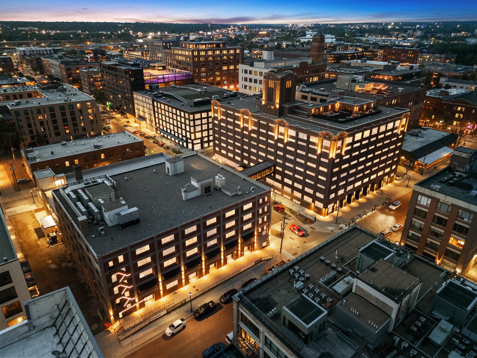 Brick warehouse buildings in the North Loop at twilight, seen from above