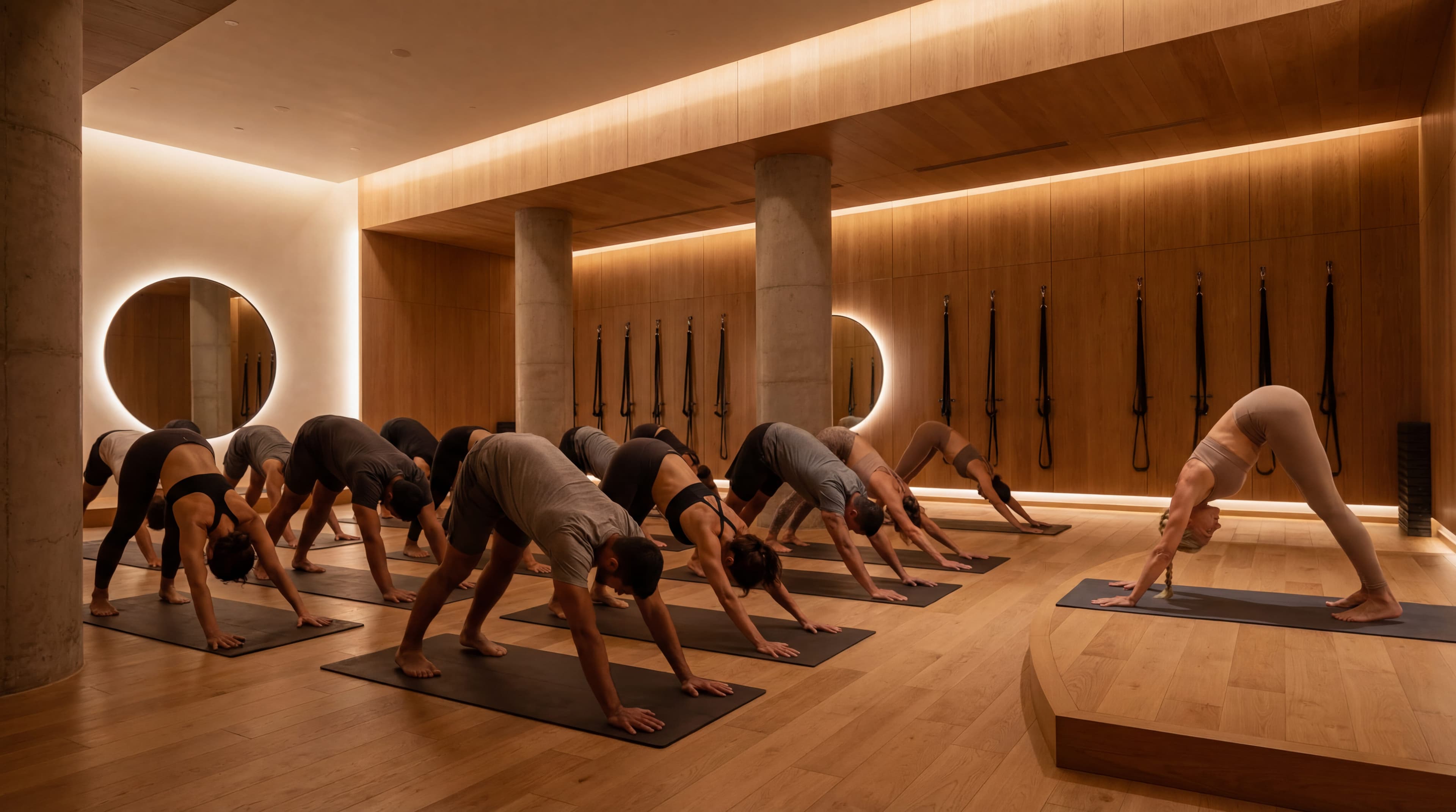 A group class holding downward dog on mats in a wood-panelled studio.