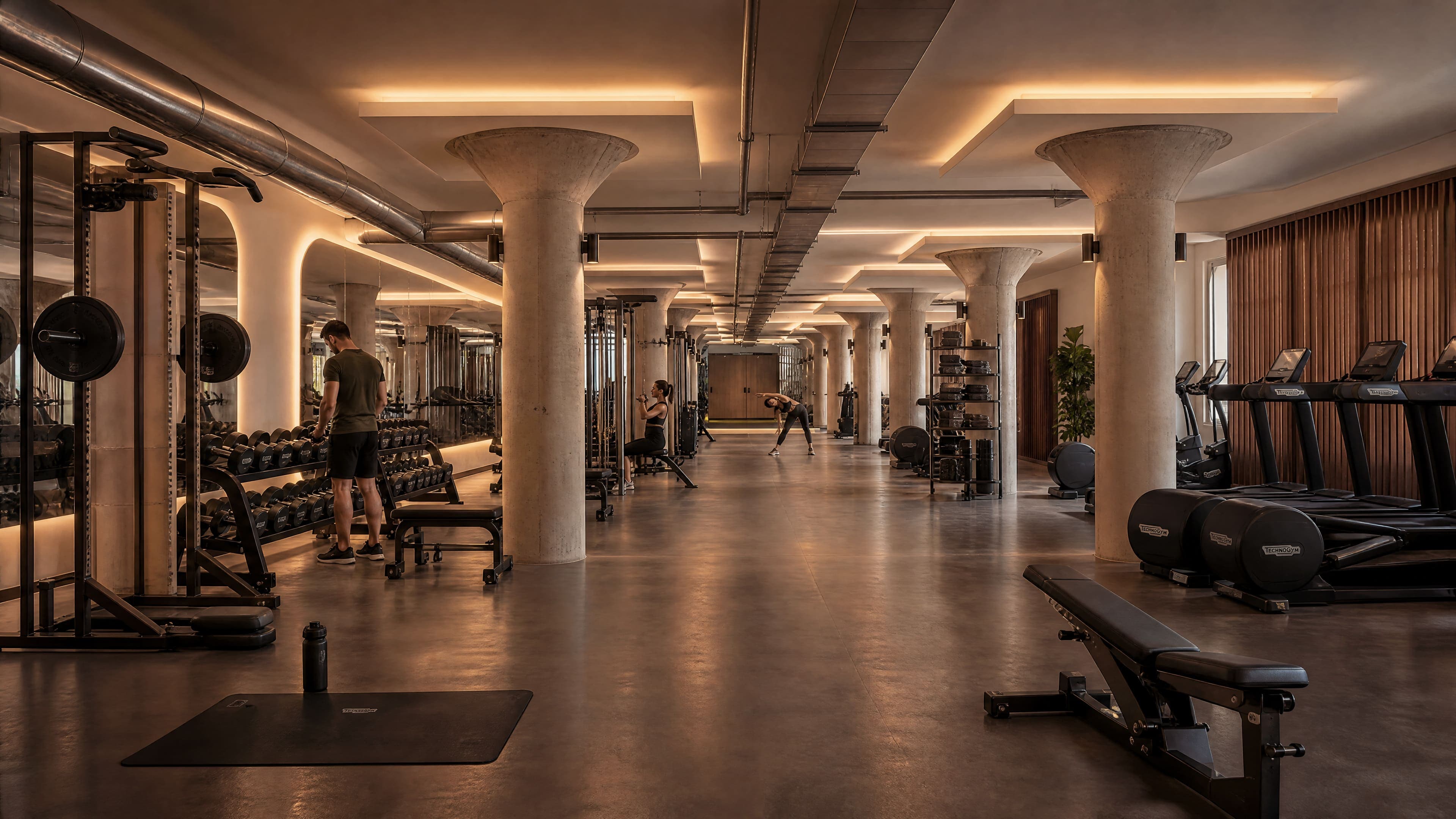 A long, softly lit gym floor with weight racks, benches, treadmills and concrete pillars.