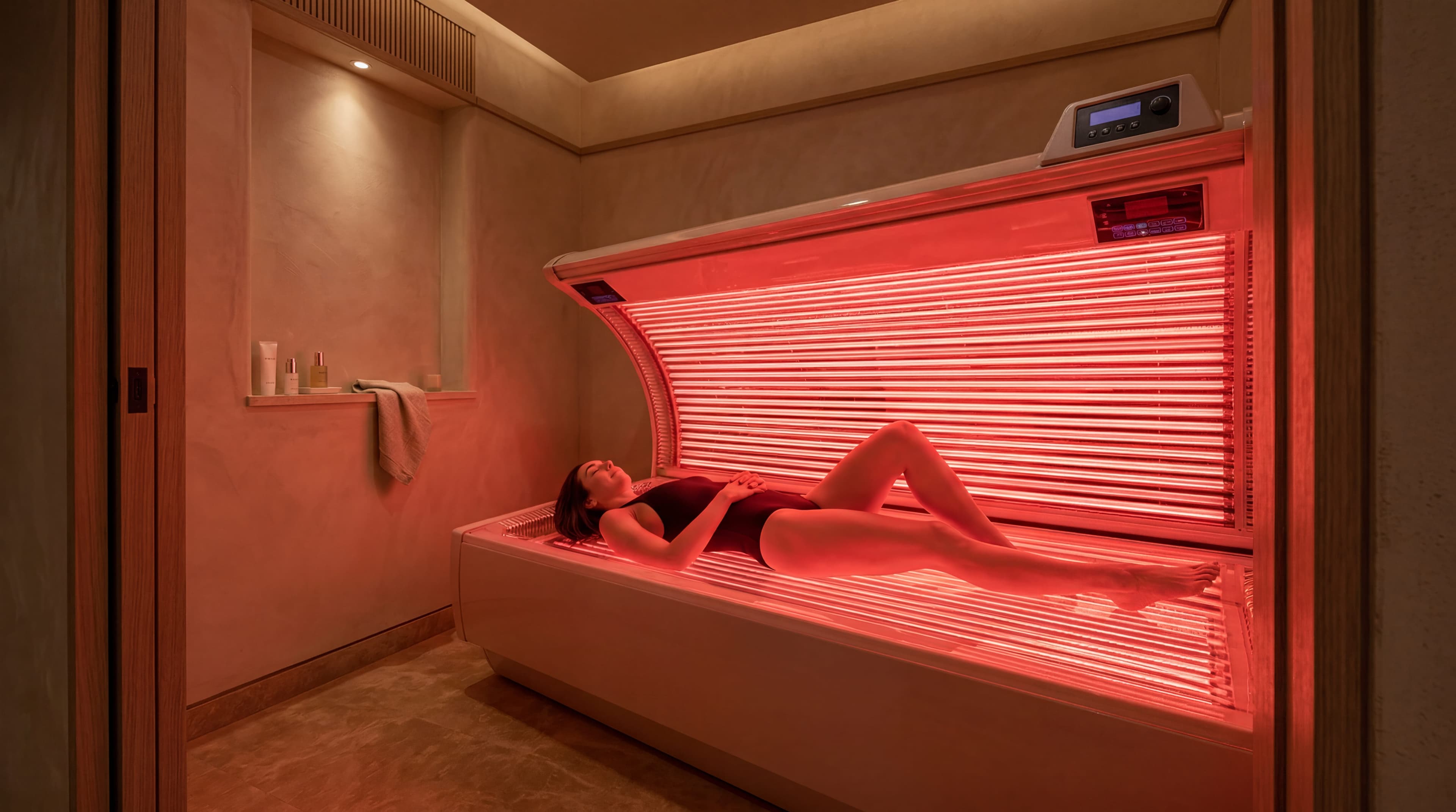 A person lying in an open red-light therapy bed in a softly lit treatment room.