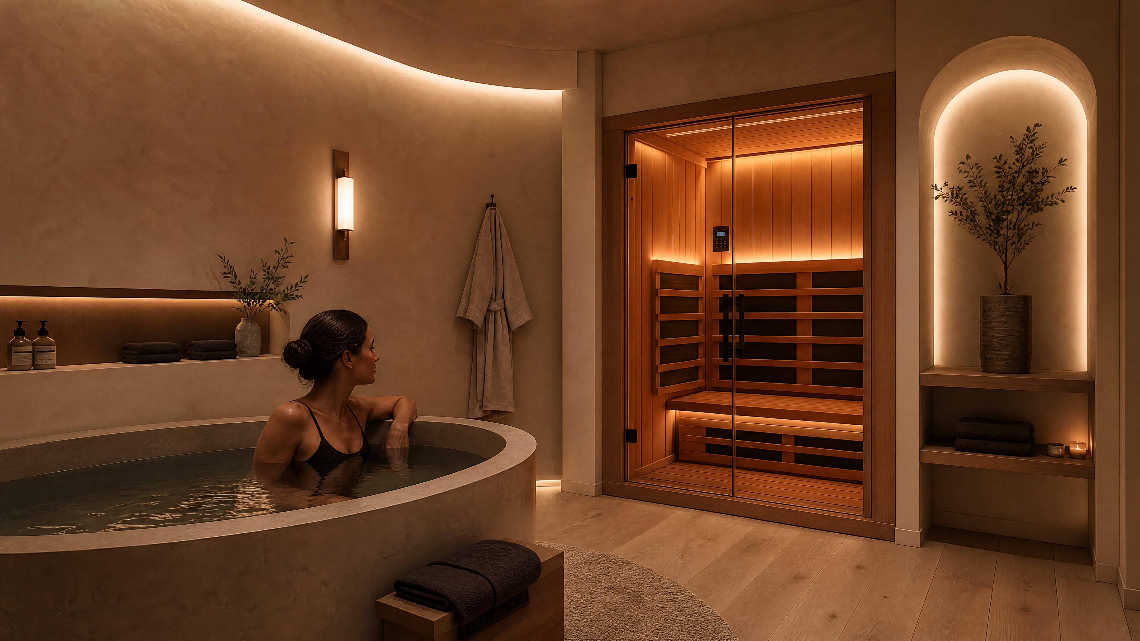 A round stone soaking tub beside a glass-fronted infrared sauna cabin in a warm-lit room.