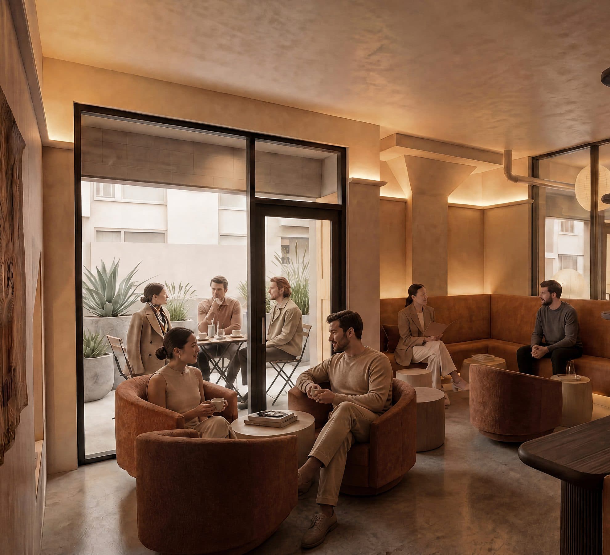 Members talking in armchairs and on a banquette in a warm plaster-walled lounge, beside a glass wall onto a planted terrace.